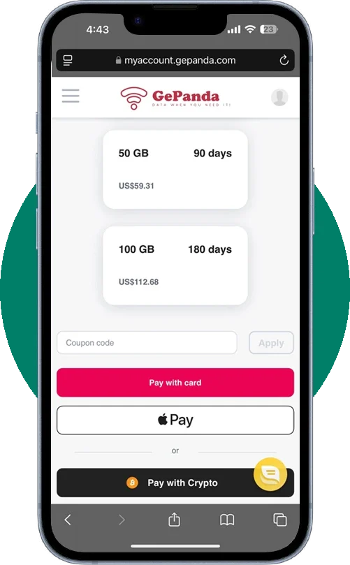 GePanda eSIM checkout page on iPhone showing 50GB and 100GB data plans with card, Apple Pay, and crypto payment options.
