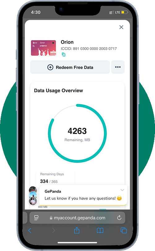 GePanda eSIM dashboard on iPhone showing data usage overview with remaining MB, redeem free data option, and account details.